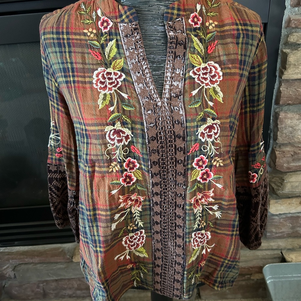 Johnny Was Plaid Embroidered Blouse